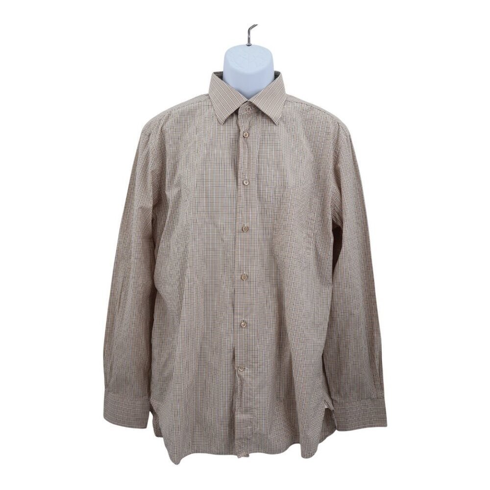 Ermenegildo Zegna Plaid Button Down Shirt Size 44 17.5 Tan Regular Fit